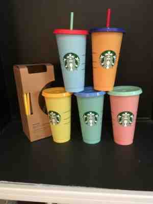 NIB Starbucks HTF Color Changing Reusable Cold Cup Pack of 5 w/Lids Straws 24oz. - Sold on eBay Jul, 13th 2019 for $79.00