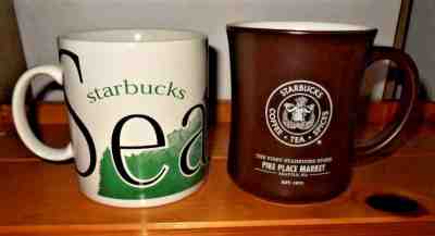 2 Starbucks Mugs 1994 Seattle Mt Raineer 20oz & 2008 Pike Place Market 16oz - Sold on eBay Jul, 13th 2019 for $19.99
