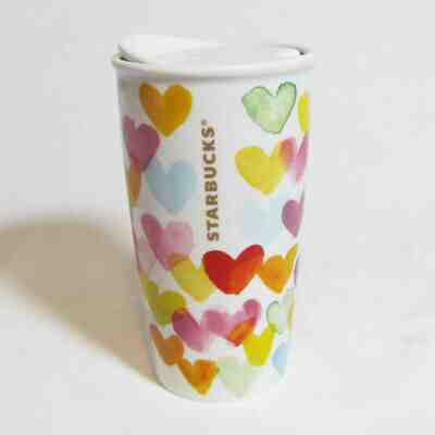 Starbucks White Ceramic Tumbler Watercolor Hearts with lid 10 ounces - Sold on eBay Jul, 13th 2019 for $19.00