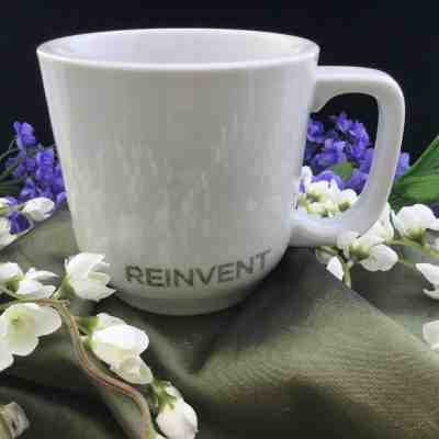 Starbucks Retired Mug Heavy White Cup w Handle “REINVENT” 2009 - JAPAN  - Sold on eBay Jul, 13th 2019 for $18.00