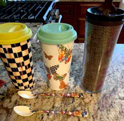Mackenzie Childs and Starbucks Travel Mugs with 2 Free Mackenzie Childs Spoons - Sold on eBay Nov, 2nd 2019 for $29.99