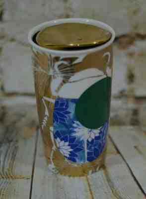 Starbucks 2014 Travel Mug Green Dot Blue Beetle Gold Flower With Gold Lid - Sold on eBay Nov, 2nd 2019 for $21.59