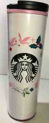STARBUCKS Holiday 2018 Travel 16 oz White Tumbler Mug Christmas Holly Pink Doves - Sold on eBay Nov, 2nd 2019 for $15.45