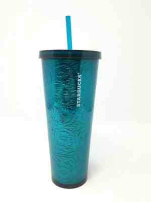 Starbucks  Venti Cold Cup Travel TUMBLER Teal Green Embossed Flowers 2017 - Sold on eBay Nov, 2nd 2019 for $32.00