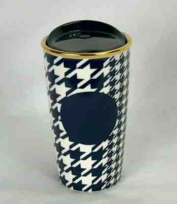 Starbucks Mug 2015 Houndstooth Navy Blue 12oz Drink Ceramic Gold Trim Travel Cup - Sold on eBay Nov, 2nd 2019 for $17.99