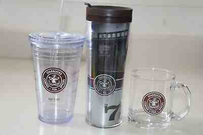 STARBUCKS 2011 BROWN SIREN X 3 TRAVEL MUG, COLD CUP,  MUG - PIKE PLACE 1ST STORE - Sold on eBay Nov, 1st 2019 for $24.00