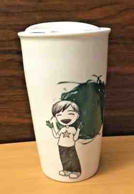 Starbucks Coffee 2015 Ceramic Travel Tumbler Mug with Kid Finger Painting Green  - Sold on eBay Nov, 1st 2019 for $15.95