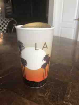 Starbucks 2015 Los Angeles Porcelain Travel Mug Cup Palm Trees Sunset Gold Lid  - Sold on eBay Nov, 1st 2019 for $40.00