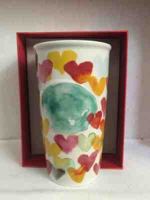 STARBUCKS 2015 Watercolor Hearts Ceramic Mug 10 oz Travel Tumbler NIB! - Sold on eBay Oct, 31st 2019 for $29.99