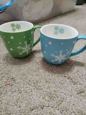 Pair Starbucks Christmas Winter  Mug Aqua Blue Lime  Snowflakes 2007 - Sold on eBay Oct, 30th 2019 for $18.00