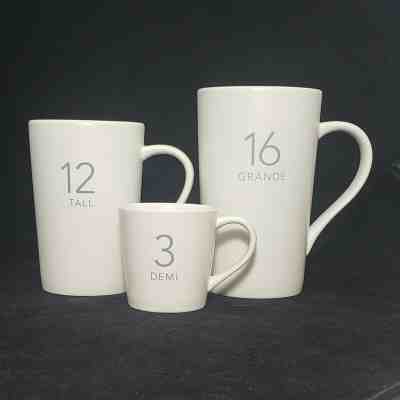 Starbucks Coffee 16 Grande 12 Tall 3 Demi Espresso Demitasse White Mugs Cup 2011 - Sold on eBay Oct, 30th 2019 for $59.95
