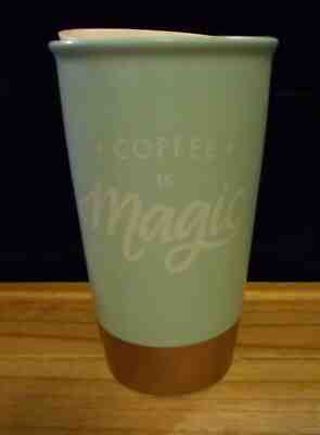 STARBUCKS 2018 AQUA COFFEE IS MAGIC 12 OZ. CERAMIC TRAVEL COFFEE MUG CUP NEW - Sold on eBay Oct, 30th 2019 for $24.99