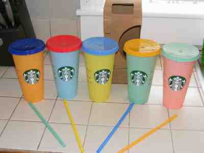 STARBUCKS COLOUR-CHANGING REUSABLE COLD CUPS(5 PACK) MISSING 1 STRAW**NEW - Sold on eBay Oct, 30th 2019 for $64.99