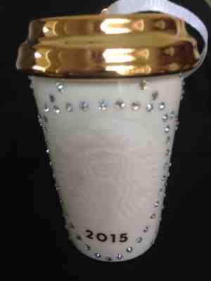 2015 Starbucks Ornament Ceramic White Travel Mug Swarovski Crystal New In Box - Sold on eBay Oct, 29th 2019 for $29.95