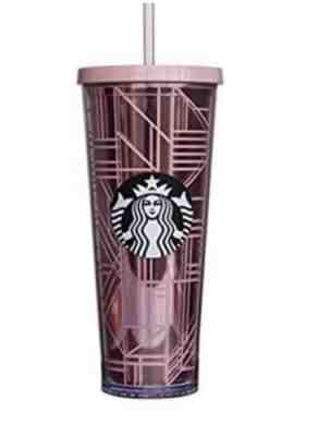 New Starbucks Rose Gold Pink Lines Venti Cold cup  Tumbler with straw - Sold on eBay Oct, 28th 2019 for $49.99