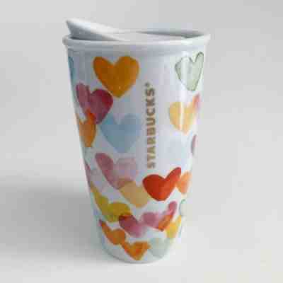 Starbucks 2015 Watercolor Hearts Ceramic Travel Mug Tumbler 10 oz Coffee Cup - Sold on eBay Oct, 27th 2019 for $22.00