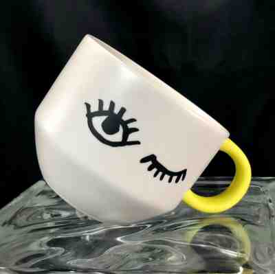 Starbucks Wink Eye Ceramic Mug 16 oz Holiday 2017 Yellow Handle New with Tag  - Sold on eBay Oct, 27th 2019 for $22.47