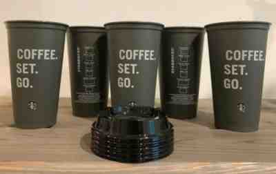 Set of 5 Starbucks Reusable Hot Cup Coffee Set Go w/ Black Lid Fall 2019 - Sold on eBay Oct, 27th 2019 for $27.00