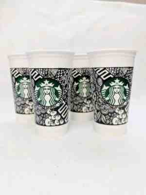 Set of Four Starbucks Black & White Floral Reusable 16oz Plastic Cups NO LIDS - Sold on eBay Oct, 27th 2019 for $24.99