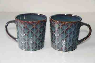 STARBUCKS 2009 TWO RARE, GORGEOUS MUGS - DIAMOND PATTERN RICH BLUE & BROWN GLAZE - Sold on eBay Oct, 26th 2019 for $28.00
