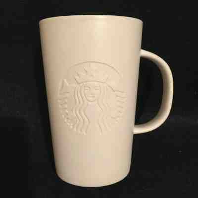 Starbucks Ceramic 12 Oz Coffee Mug 2014 White On White Embossed Siren Logo Rare - Sold on eBay Oct, 26th 2019 for $17.50