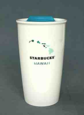 STARBUCKS Coffee 2014 Hawaii White Ceramic Tumbler Traveler 12 oz.Teal Lid Rare - Sold on eBay Oct, 26th 2019 for $34.95