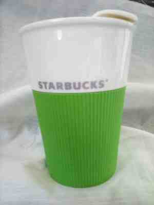 Starbucks Travel Coffee Mug Cup Green Silicone Sleeve White Lid 8 Ounce 2012 - Sold on eBay Oct, 26th 2019 for $16.99
