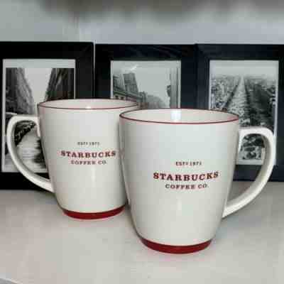 STARBUCKS COFFEE Co. 2007 EST 1971 White/Red ABBEY Mugs X2 Ceramic Cup 18 oz EUC - Sold on eBay Oct, 25th 2019 for $34.34