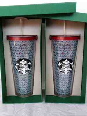 NEW STARBUCKS Fa La La Tumbler Cold Cup 24 OZ Venti Travel Drink FALALA 2 CUPS. - Sold on eBay Oct, 25th 2019 for $44.50