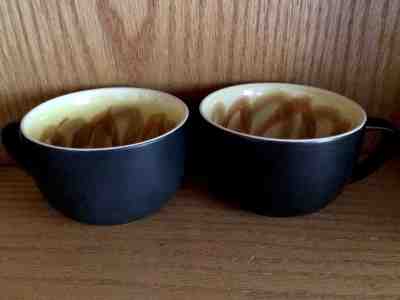 2 STARBUCKS COFFEE 2012 Latte Mugs Matte Black Yellow Brown Swirls 14 Oz XLNT - Sold on eBay Oct, 24th 2019 for $30.00