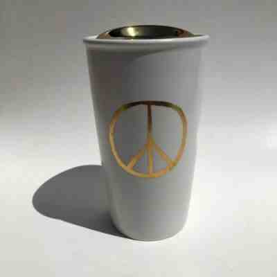 Starbucks Gold Peace Sign Travel Mug Ceramic Tall Cup 12 oz 2015 White Holiday - Sold on eBay Oct, 23rd 2019 for $24.99