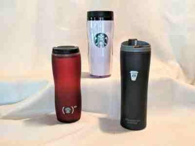 Lot of 3 Starbucks Travel Mugs NEW 16oz Clear White, Used 16oz Red & 20oz Black - Sold on eBay Oct, 23rd 2019 for $18.99