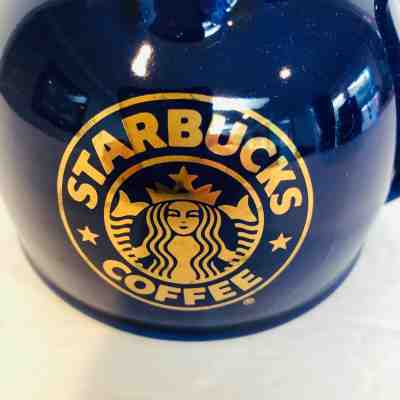 Starbucks Coffee Purple Gold Logo Chubby Ceramic Wide Bottom Travel Mug with Lid - Sold on eBay Oct, 22nd 2019 for $22.50