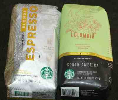 Lot of 2 (1 lb.) Starbucks Whole Bean Bags - BLONDE Espresso & Columbia Huila - Sold on eBay Oct, 22nd 2019 for $23.99