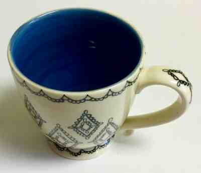 Starbucks 2002 Barista Coffee Mug Black Lace Scallops & Diamonds Blue Interior - Sold on eBay Oct, 22nd 2019 for $17.98