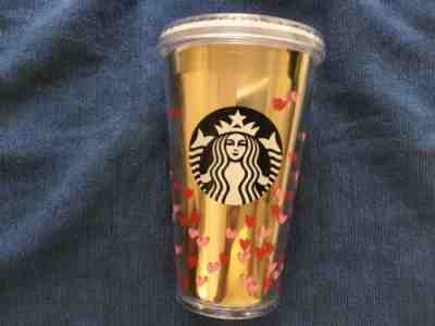 STARBUCKS 2017 VALENTINES RED HEARTS GOLD TUMBLER 16 0z COLD DRINK TRAVEL EUC - Sold on eBay Oct, 22nd 2019 for $16.99