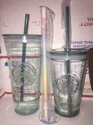 Starbucks Recycled Green Glass Venti grande Tumblers cold cups rainbow straw - Sold on eBay Oct, 22nd 2019 for $99.99