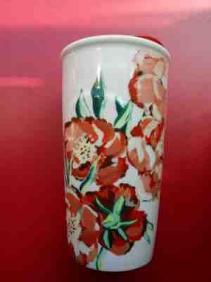 2015 STARBUCKS RED ORANGE FLORAL 10 oz. CERAMIC TUMBLER TRAVEL MUG W/LID - Sold on eBay Oct, 21st 2019 for $26.95