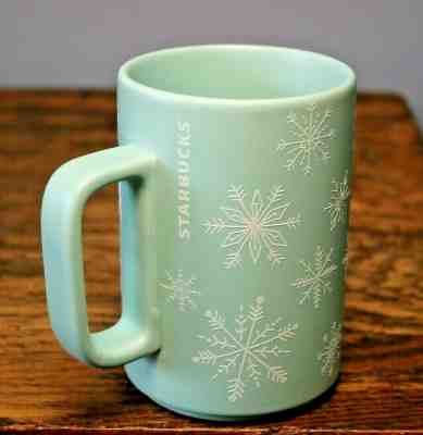 Starbucks 2018 teal mint White Embossed Snowflakes Coffee Cup Mug 12 oz Ceramic - Sold on eBay Oct, 21st 2019 for $27.27