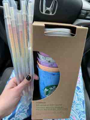 NWT Starbucks Marbled Reusable Hot Cups Plus Set of 5 Rainbow Straws Summer 2019 - Sold on eBay Oct, 21st 2019 for $27.00