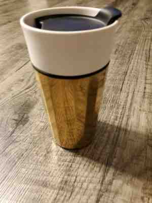 STARBUCKS 2015 Gold Ceramic / Stainless Double Wall Travel Mug Coffee Cup 12 fl - Sold on eBay Oct, 21st 2019 for $29.99