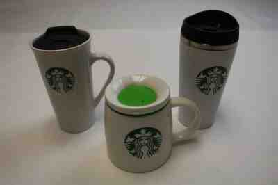 STARBUCKS COFFEE - LOT OF 3 TRAVEL MUGS CUPS Siren Logo Ceramic & Stainless - Sold on eBay Oct, 21st 2019 for $19.99