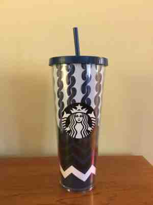 Starbucks 24 oz Venti Cold Tumbler Cup Plastic Navy Blue Chevron Cableknit - Sold on eBay Oct, 20th 2019 for $24.99