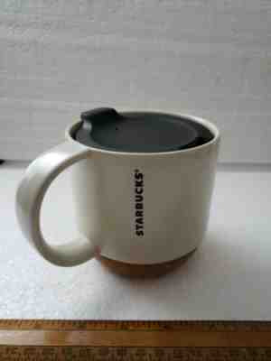 STARBUCKS 2016 Ivory Cork Bottom Coffee Mug Cup + Lid 12 fl oz Logo Ceramic - Sold on eBay Oct, 19th 2019 for $24.49