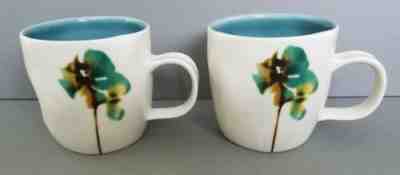SET OF 2 STARBUCKS 2009 BONE CHINA MUGS WHITE TEAL WATERCOLOR FLORAL - Sold on eBay Oct, 19th 2019 for $36.95