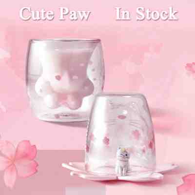 Sakura Cat Paw Glass Cup Coffee Milk Mug Pink Cat's Paw(without Starbucks logo) - Sold on eBay Oct, 19th 2019 for $29.00