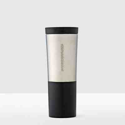 [Starbucks]   Starbucks Brushed Silver Black Stainless Steel Tumbler - 20 oz - Sold on eBay Oct, 19th 2019 for $58.99