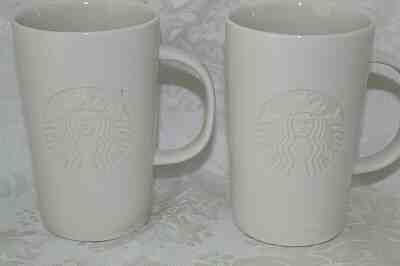 Starbucks 2 Ceramic 12 Oz Coffee Mugs 2014 White On White Embossed Siren Logo - Sold on eBay Oct, 19th 2019 for $30.88