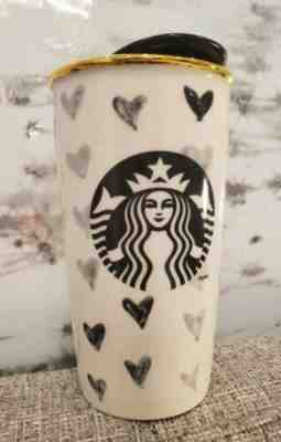  STARBUCKS Black Hearts Heart 12 Oz Ceramic Tumbler Mug With Lid 2014 - Sold on eBay Oct, 17th 2019 for $28.00