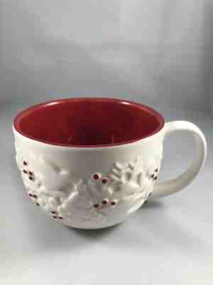 Starbucks Christmas Coffee Mug 2008 Holly Berry Dove Tree Embossed Red White Cup - Sold on eBay Oct, 17th 2019 for $16.99